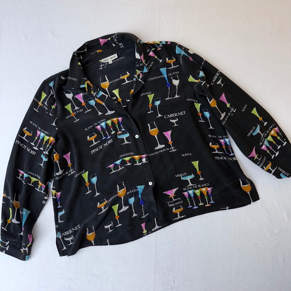 Nicole Taylor 2X Black Silk Wine Cocktail Glass Beaded Button Down Shirt